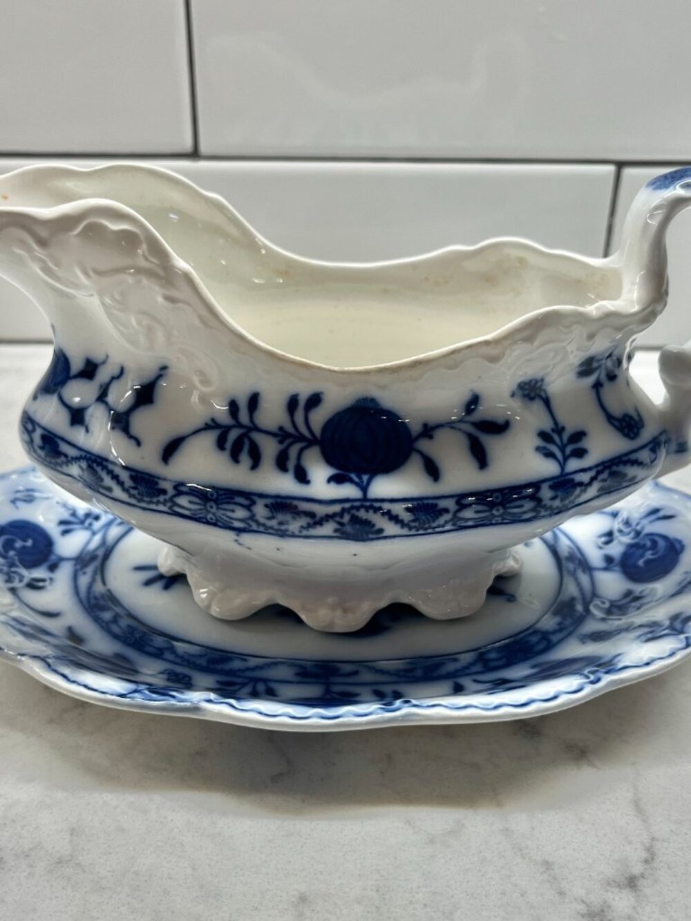Antique Johnson Brothers Holland Flow Blue "Blue Onion" Gravy Boat & Under-plate